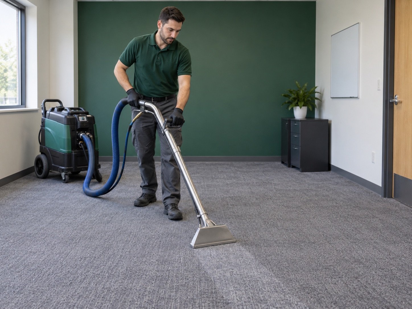 AI illustration of a worker cleaning office carpet with an extraction wand and portable machine