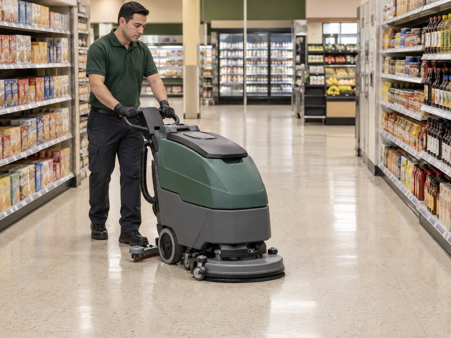 AI illustration of a worker using a walk-behind automatic floor scrubber in a supermarket