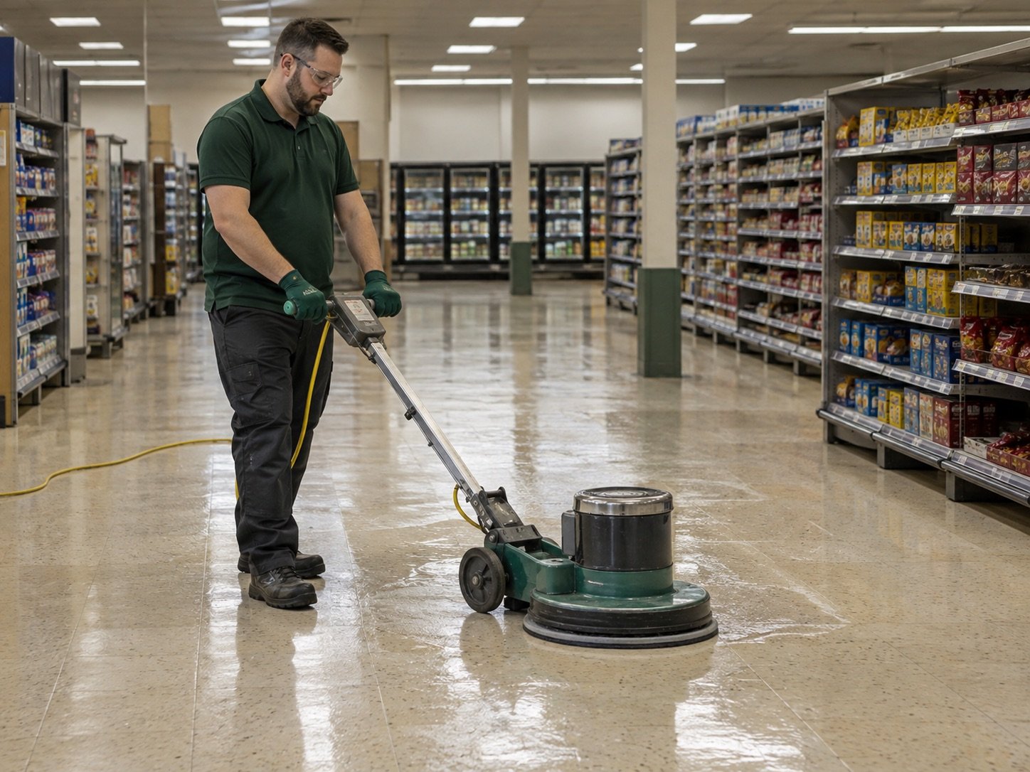 AI illustration of a cleaning professional operating a rotary floor machine on commercial tile