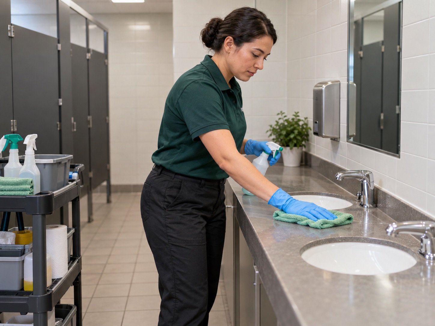 AI illustration of a professional wiping a sink in a commercial restroom