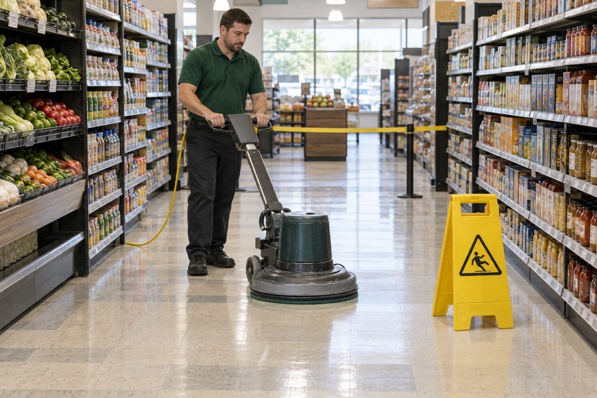 AI-generated illustration of cleaning work in a supermarket